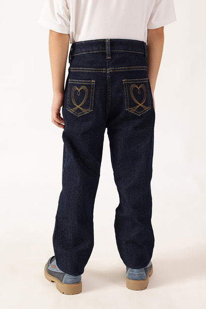 Girls Blue Denim Buttoned Jeans