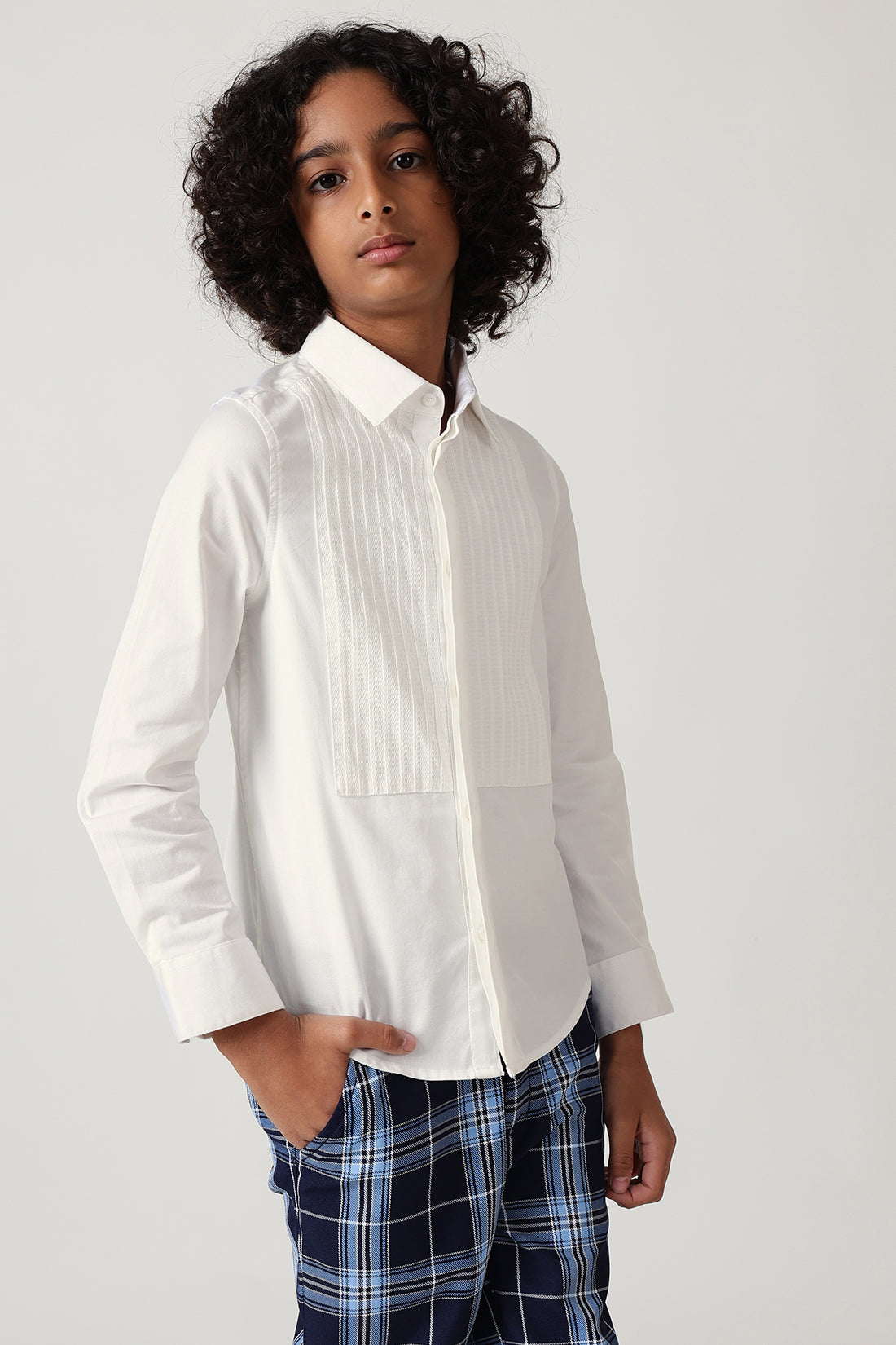 Boys White Regular Fit Full Sleeve Pin-Tucked Shirt by One Friday