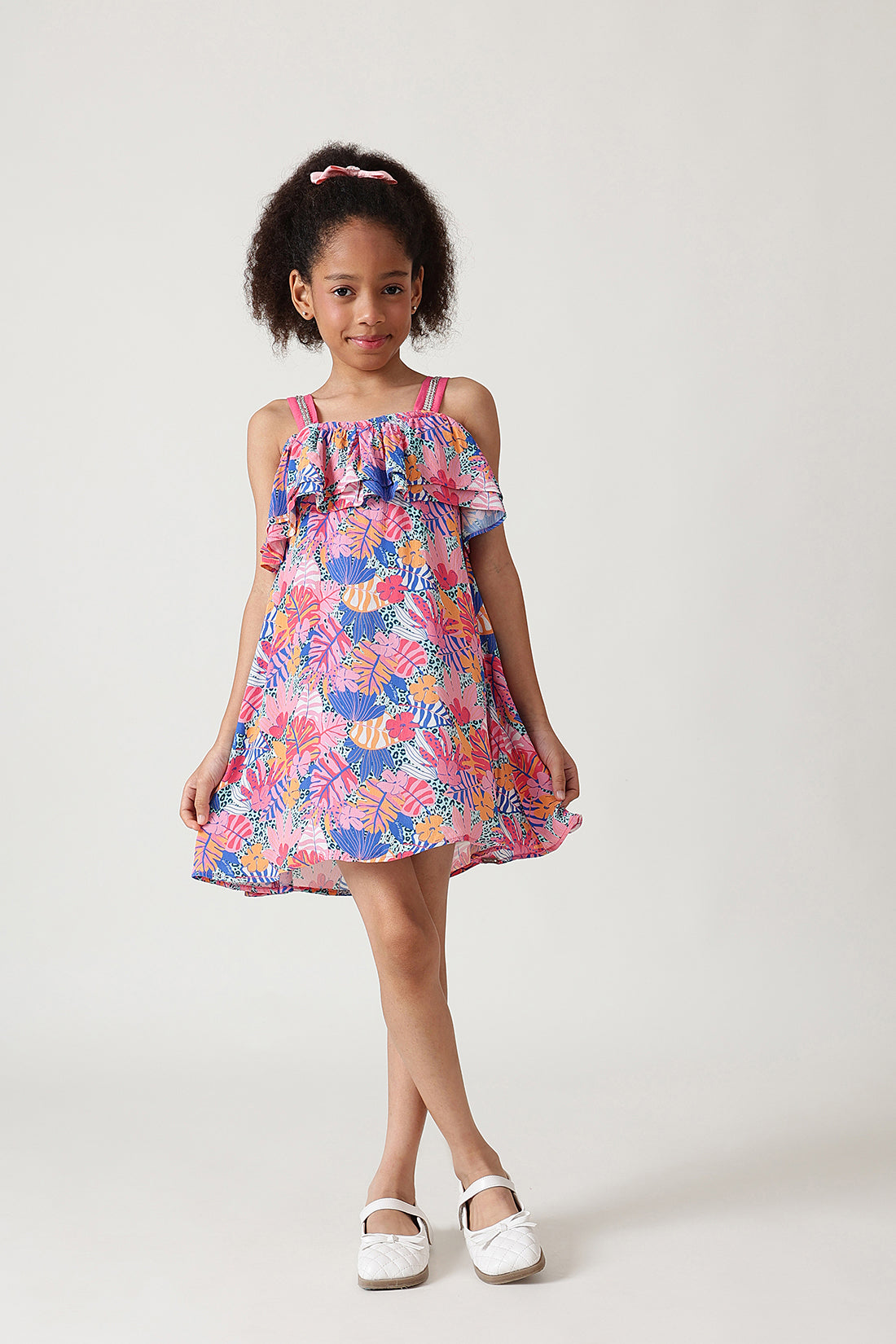 Girls Multi Color Color A-Line Sleeveless Floral Printed Dress by One Friday