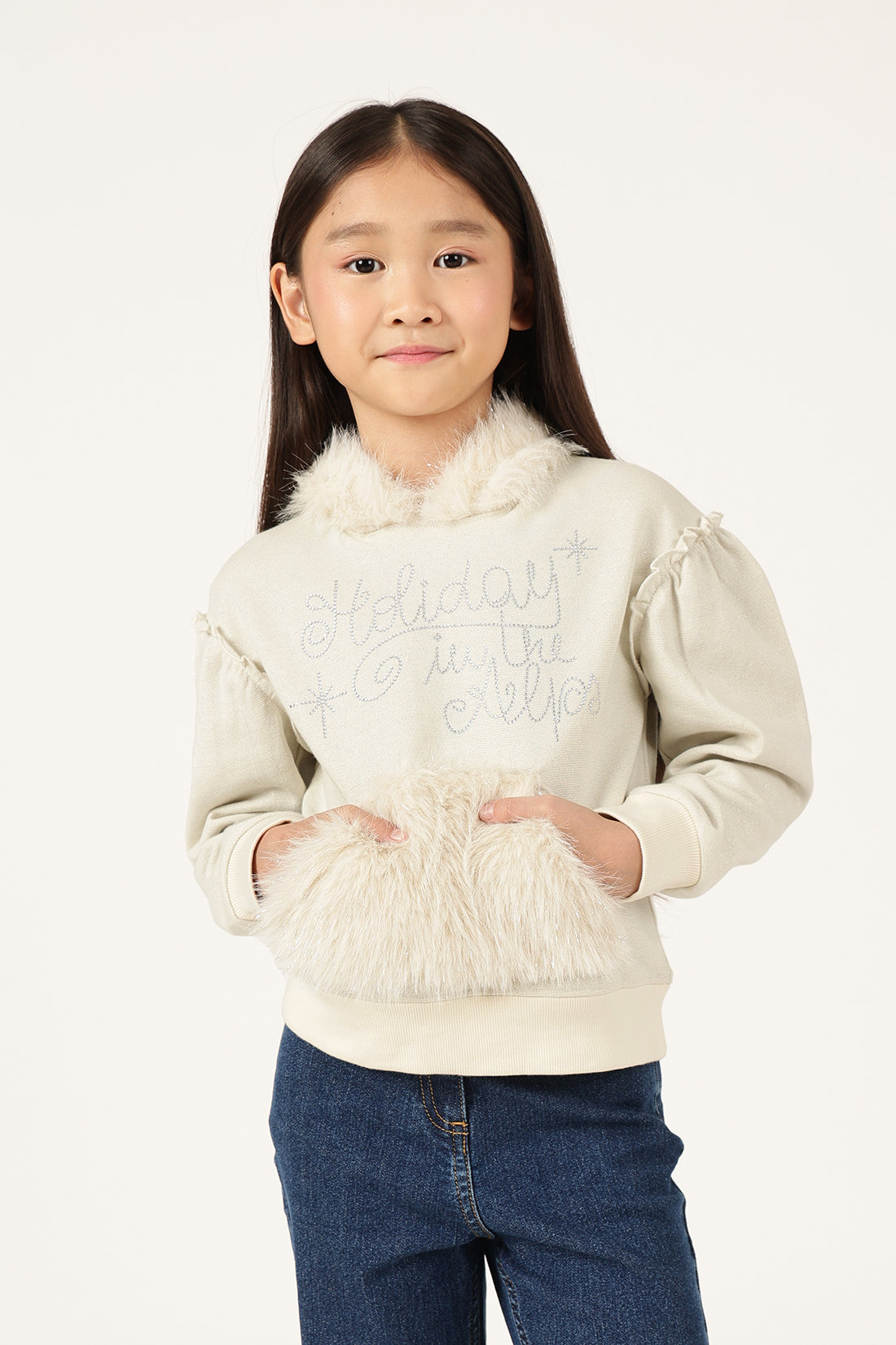 Girls Off White Hooded Full Sleeve Knit Hoody