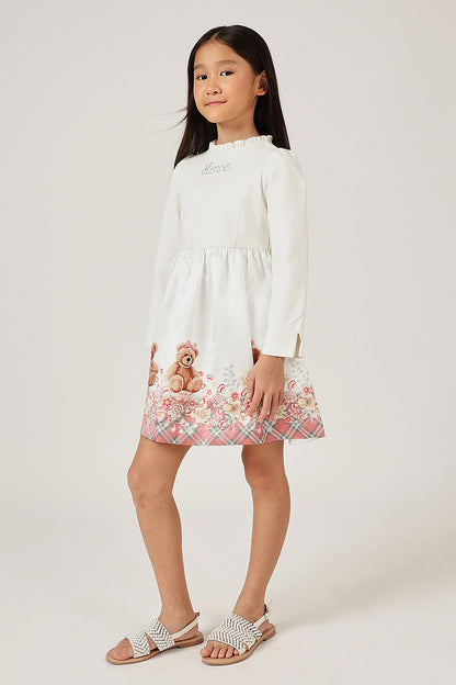 Girls Off White Teddy Round Neck Full Sleeve Dress | One Friday