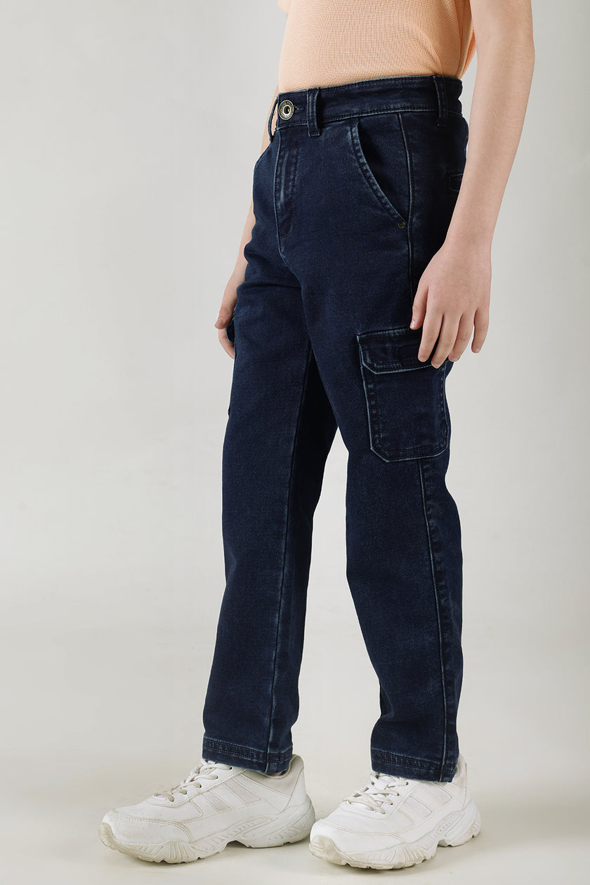 Boys Navy Blue Regular Fit Solid Denim Jeans by One Friday