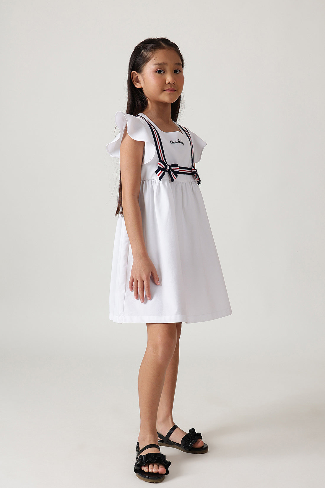 Girls White Fitted & Flared Sleeveless Solid Dress by One Friday