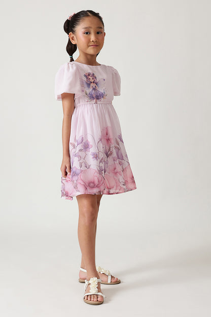 Girls Lilac Fitted & Flared Bell Sleeve Fairy Print Dress by One Friday