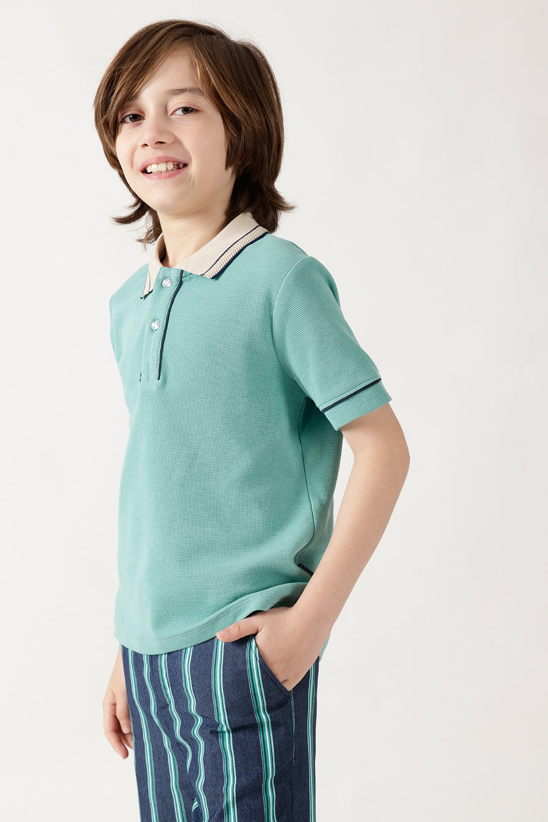 Boys Green Regular Fitted Half Sleeve Textured T-Shirts By One Friday