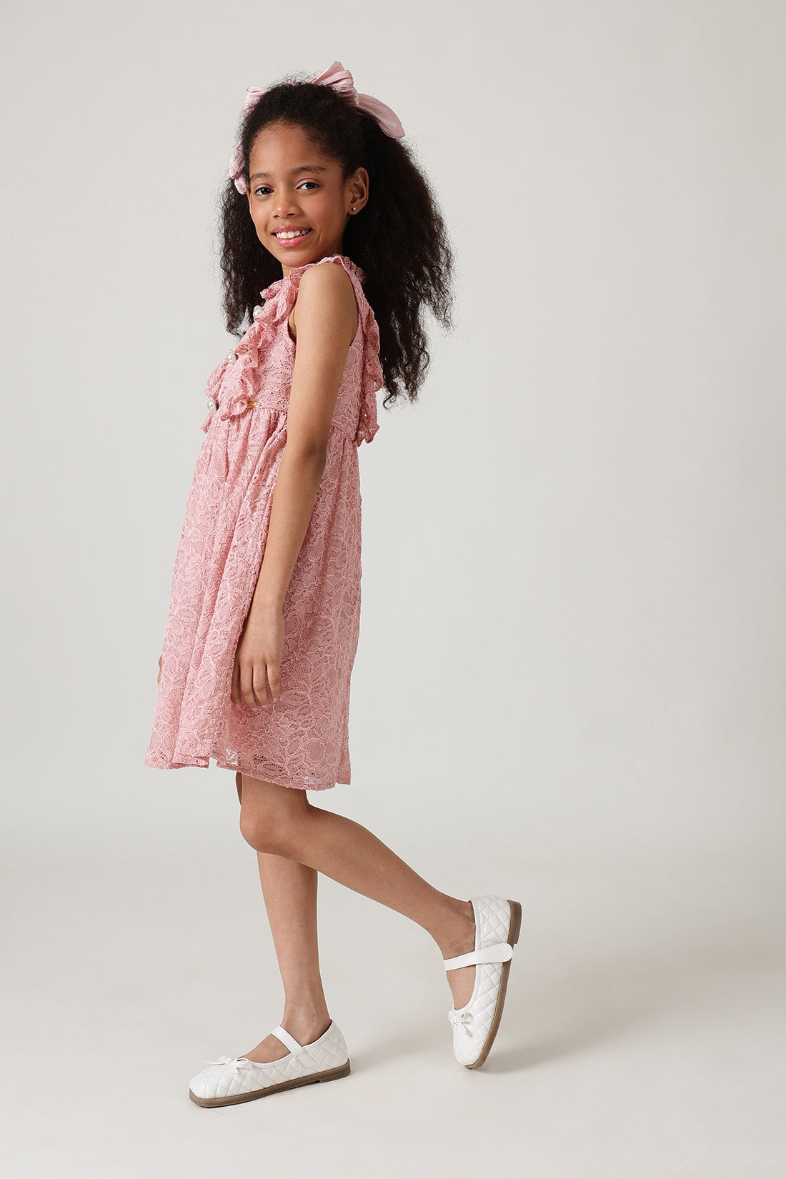 Girls Pink Fitted & Flared Sleeveless Laced Dress