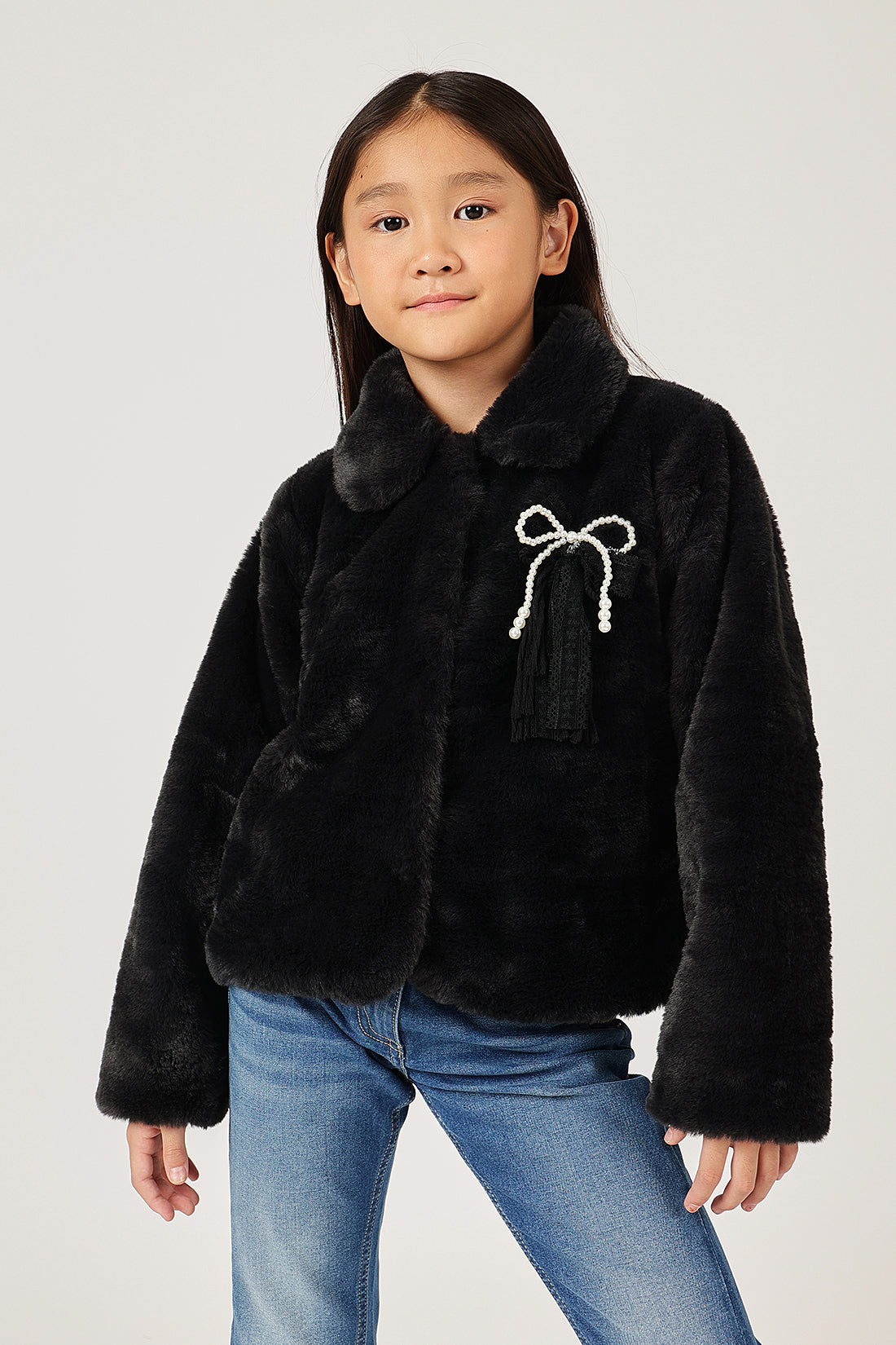 Girls Black Fur Buttoned Shirt Collar Overcoat | One Friday