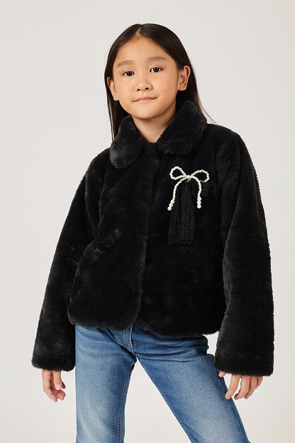Girls Black Fur Buttoned Shirt Collar Overcoat | One Friday