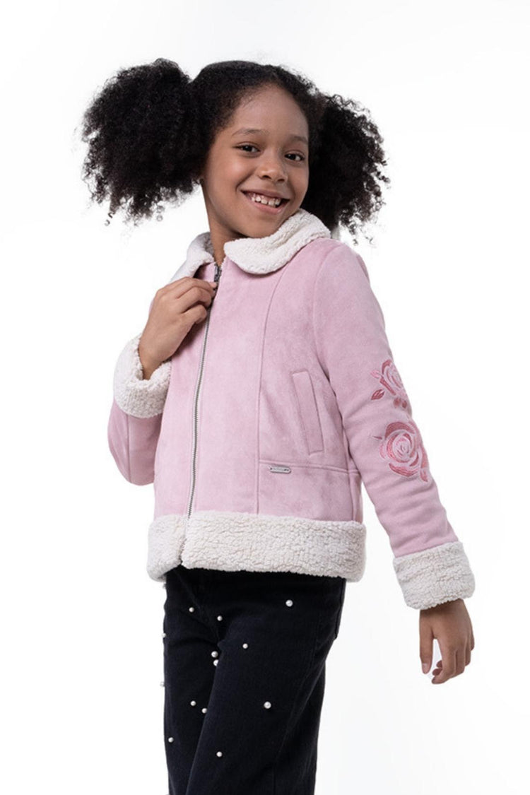 Kids Girls Shirt Collar Pink Jacket With Faux Fur Detail