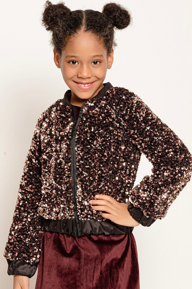 Kids Girl Brown Full Sleeves Sequins Jacket