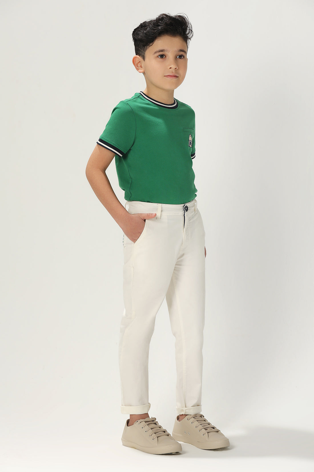One Friday Kids Boys Off White Stretchable Cotton Solid Trouser With Pockets