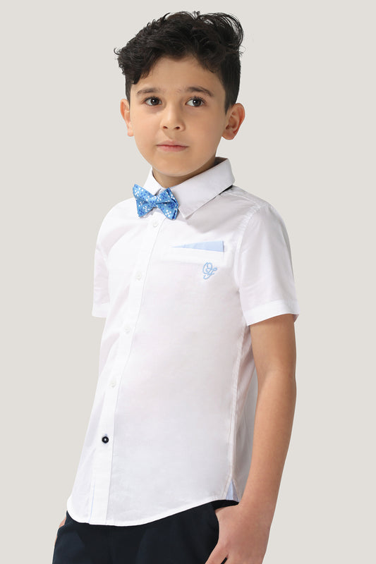 Kids Boys White 100% Cotton Shirt Sleeves Shirt With Bow