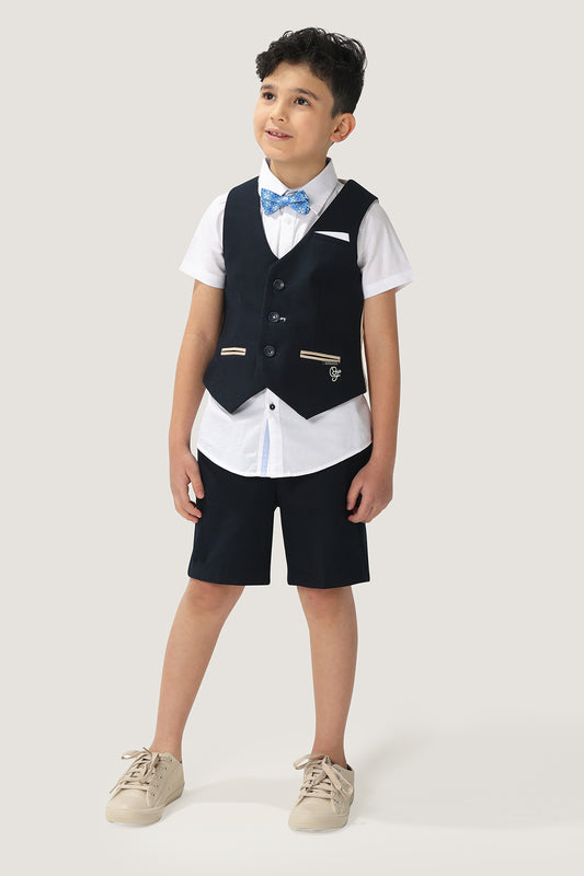Kids Boys Navy Blue Stretchable Cotton Waistcoat With Front Pockets