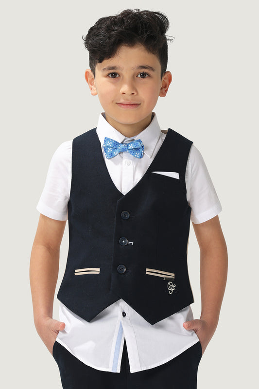 Kids Boys Navy Blue Stretchable Cotton Waistcoat With Front Pockets
