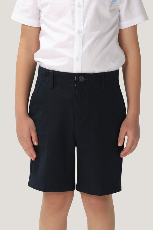 Kids Boys Navy Blue Stretchable Cotton Embroidered Shorts With Pockets