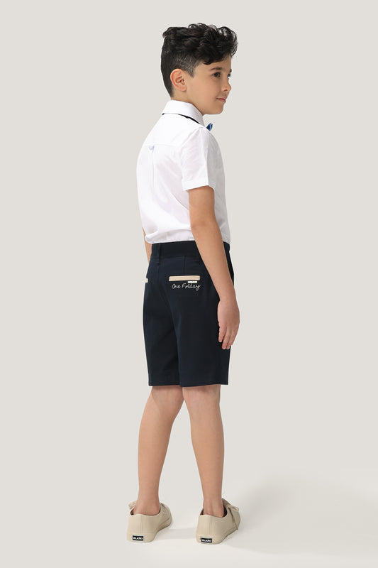 Kids Boys Navy Blue Stretchable Cotton Embroidered Shorts With Pockets