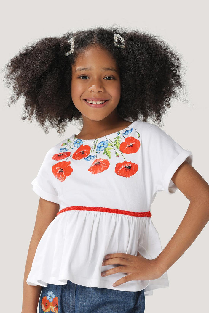 One Friday Kids Girls White Cotton Round Neck Knit Top With Floral Print