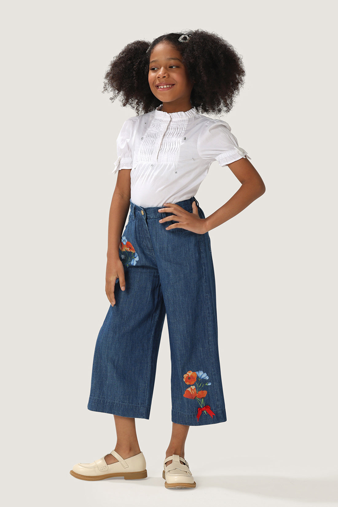One Friday Kids Girls Floral Printed Blue Flared Pants