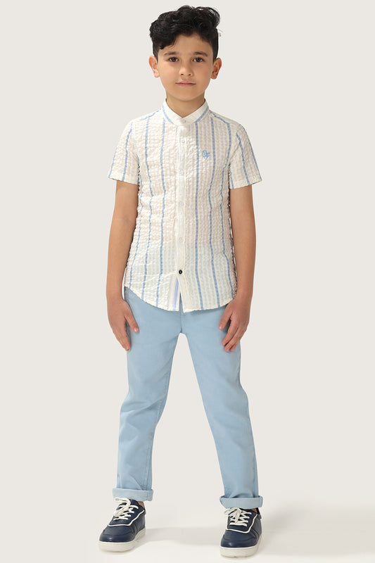 Boys White and Blue Stripes Seersucker Cotton Shirt
