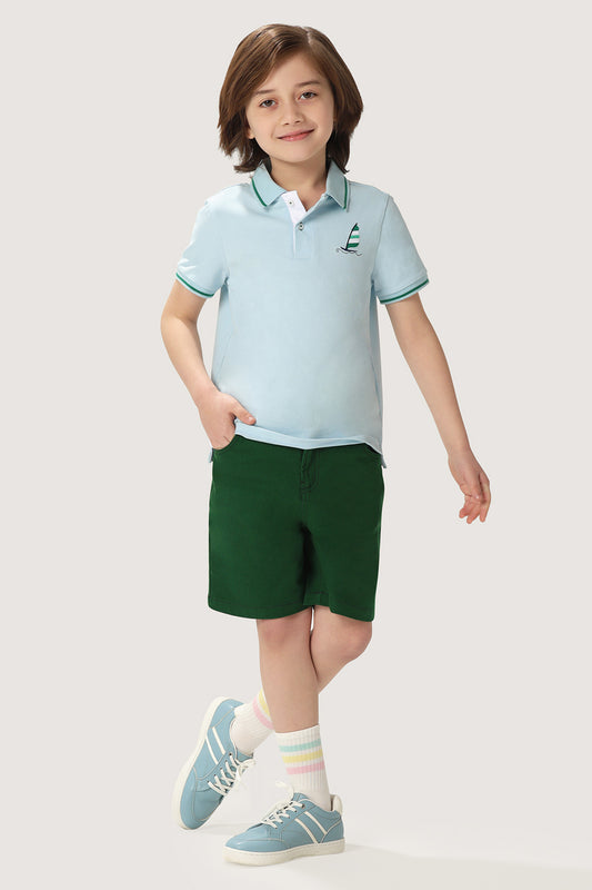 Kids Boys Blue Stretchable Polo Tee with Embroidery