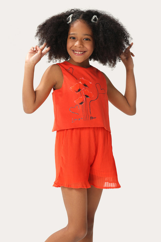 One Friday Kids Girls Red Cotton Blend Pleated Short Jumpsuit