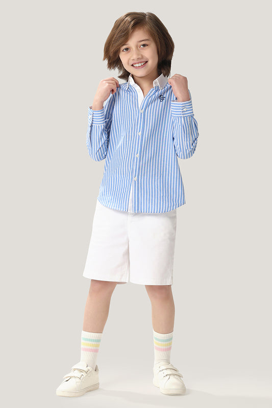 Kids Boys Blue 100% Cotton Stripe Shirt With Contrast Collar