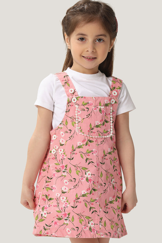 Baby Girls Pink Floral Printed Dungaree with White Tee