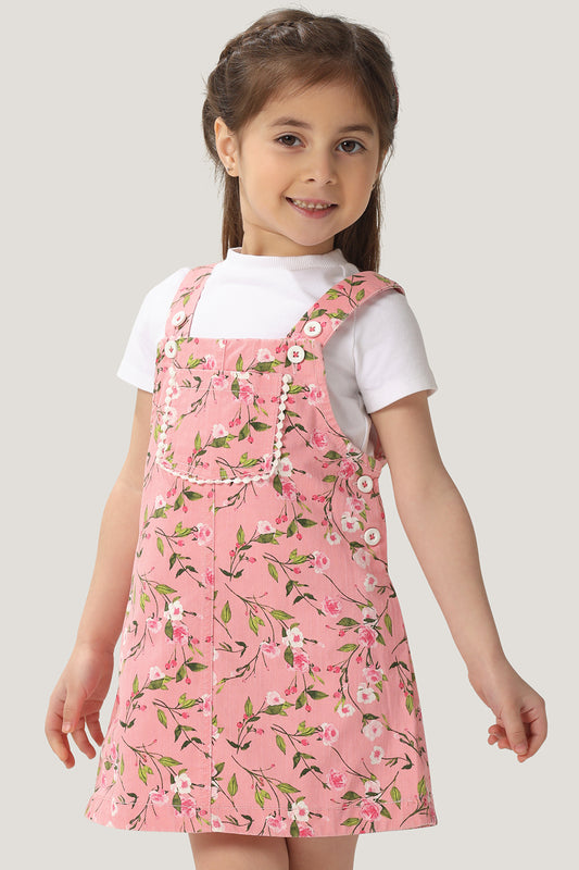 Baby Girls Pink Floral Printed Dungaree with White Tee