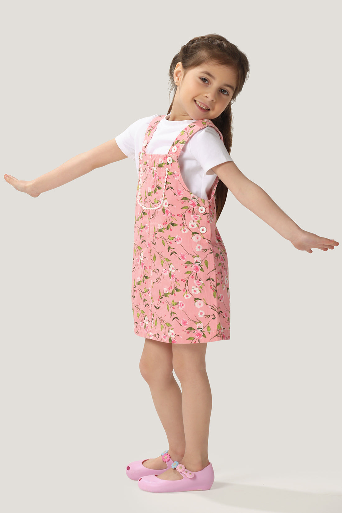 One Friday Baby Girls Pink Floral Printed Dungaree with White Tee