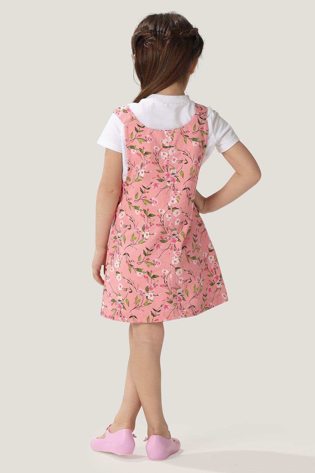 One Friday Baby Girls Pink Floral Printed Dungaree with White Tee