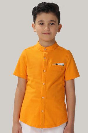 One Friday Kids Boys Orange Cotton Mandarin Collar Shirt
