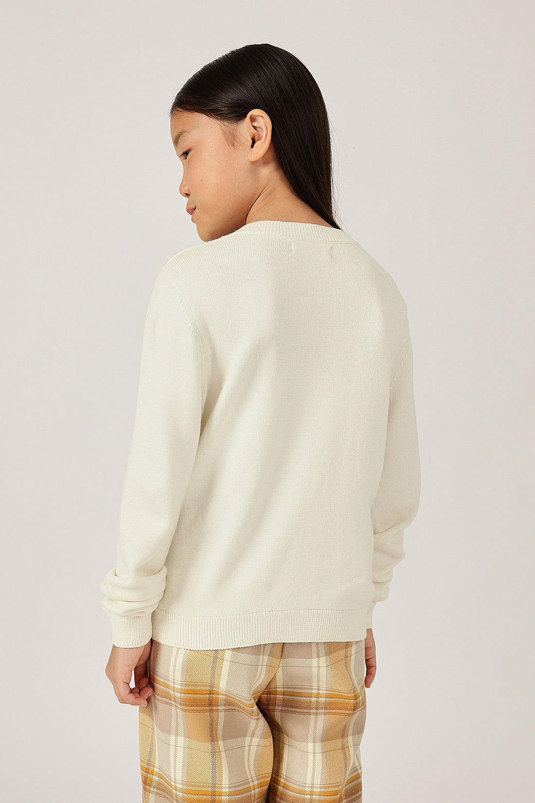 Girls Off White Round Neck Full Sleeve Cardigan