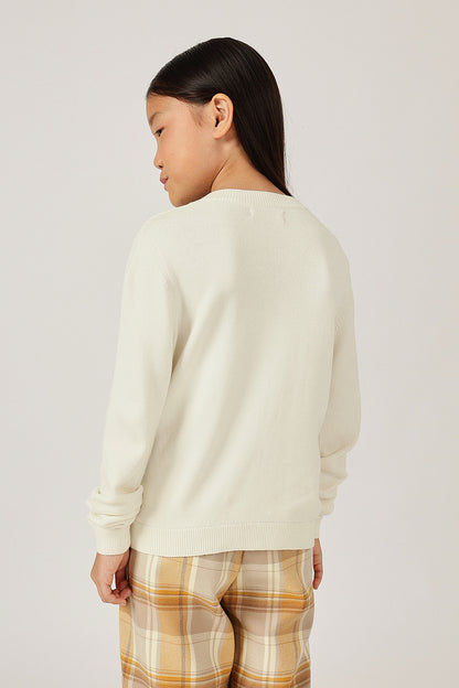 Girls Off White Round Neck Full Sleeve Cardigan