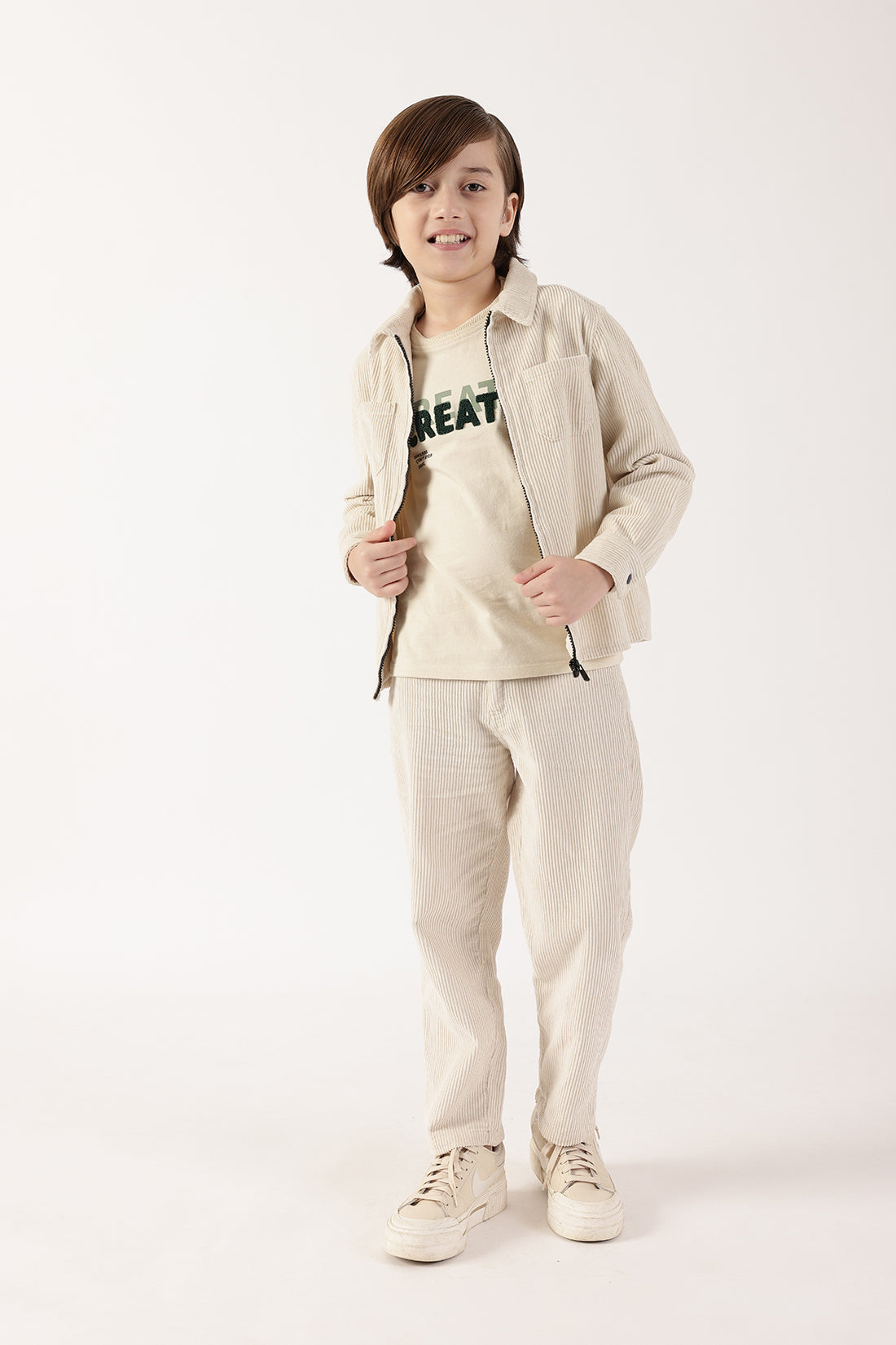 Boys Beige Solid Cotton Woven Trousers