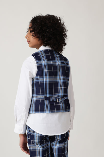 Boys Blue Slim Fit Sleeveless Checked Waistcoat by One Friday