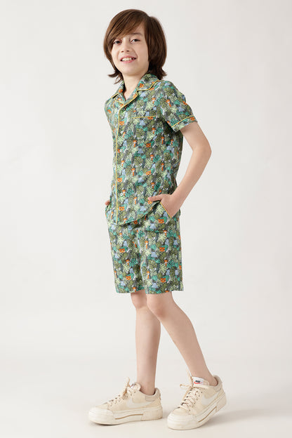 Boys Green Half Sleeve Printed Co-ord Set by One Friday