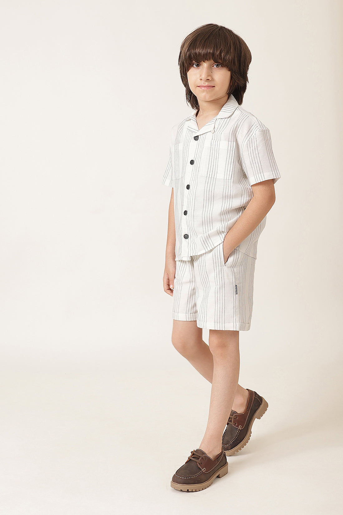 Boys Beige Striped Cotton Clothing Set