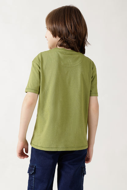 Boys Olive Regular Fitted Half Sleeve Solid T-Shirts