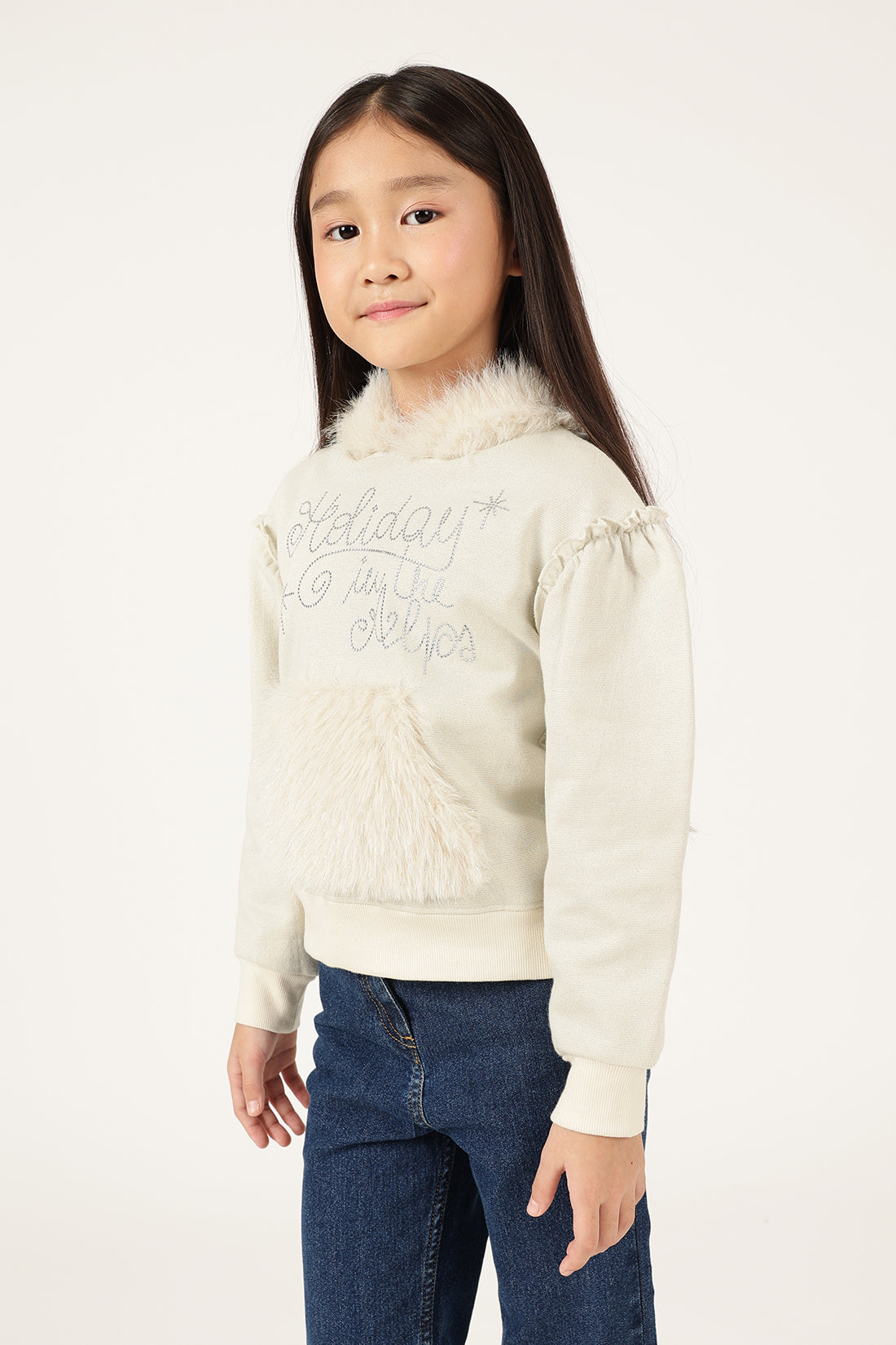 Girls Off White Hooded Full Sleeve Knit Hoody