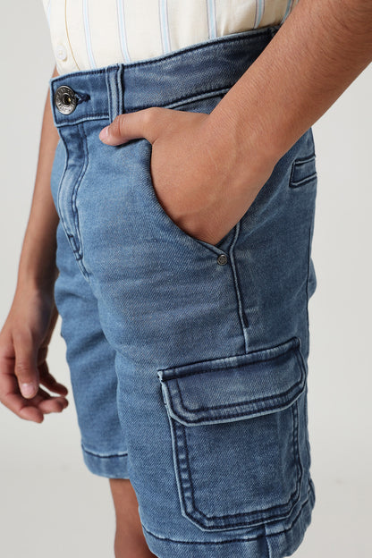 Boys Medium Blue Regular Fitted Solid Shorts by One Friday