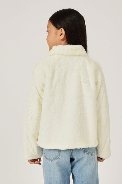 Girls Off White Fur Buttoned Shirt Collar Overcoat | One Friday