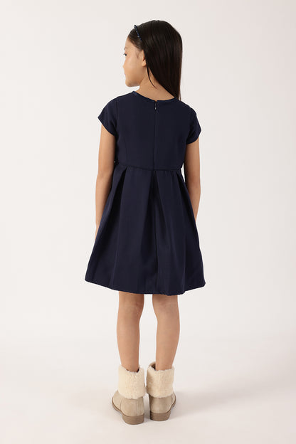 Girls Navy Blue Polyester Full Sleeve Woven Dress | One Friday