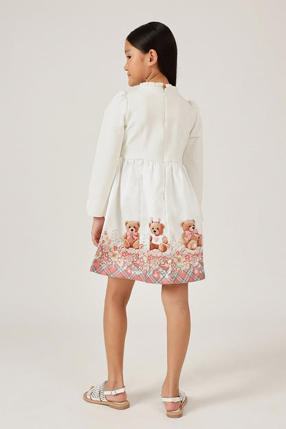 Girls Off White Teddy Round Neck Full Sleeve Dress | One Friday