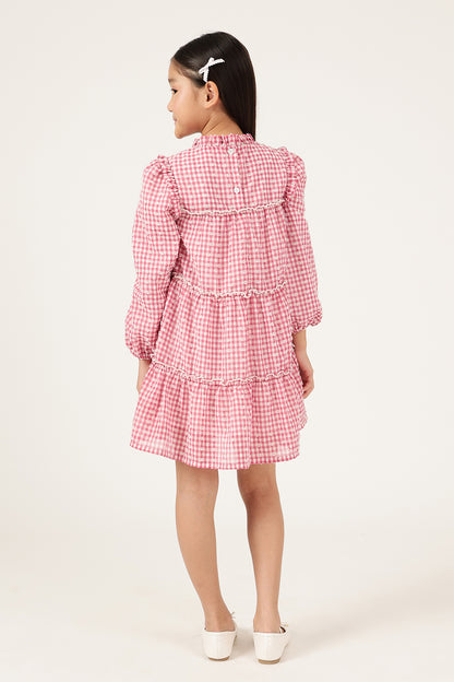 Girls Pink Printed Woven Dress Full Sleeves | One Friday