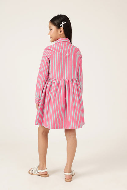 Girls Pink Striped Cotton Shirt Collar Full Sleeve Dress | One Friday