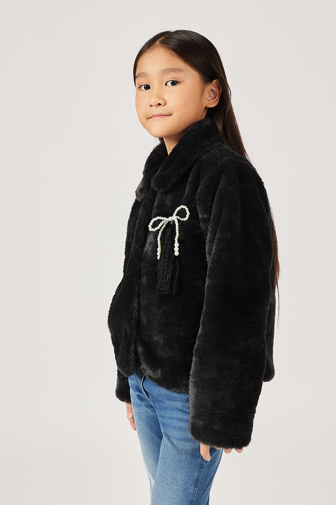 Girls Black Fur Buttoned Shirt Collar Overcoat | One Friday