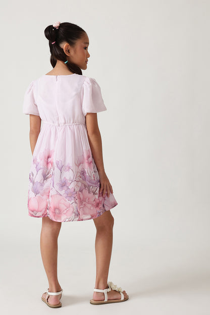 Girls Lilac Fitted & Flared Bell Sleeve Fairy Print Dress by One Friday