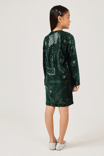 Girls Green Solid Full Sleeve Polyester Dress | One Friday