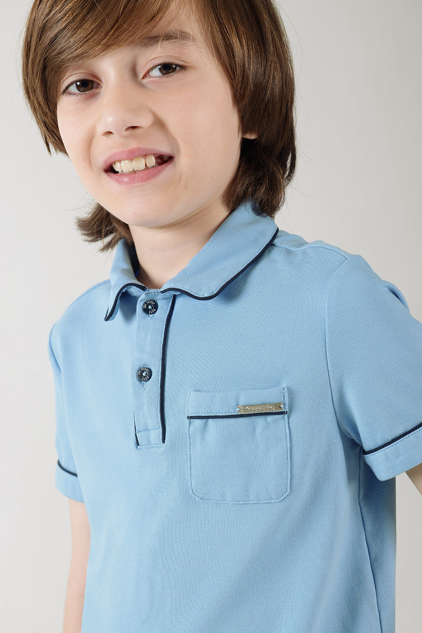 Boys Blue Regular Fit Half Sleeve Solid Polo T-Shirt by One Friday