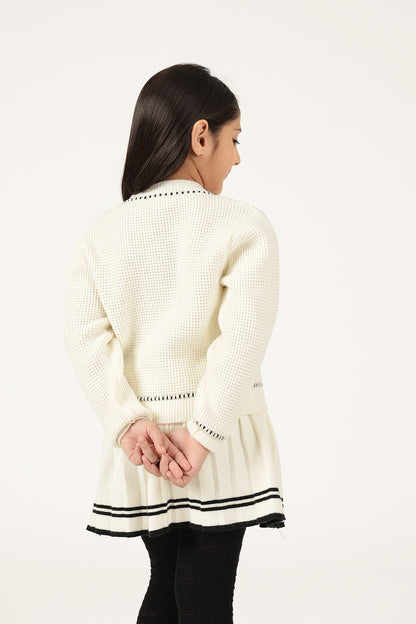 Girls Off White Round Neck Knit Cardigan